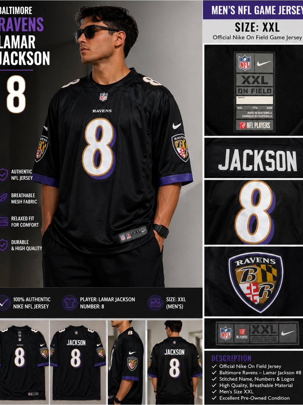 Nike Baltimore Ravens Lamar Jackson #8 Black Purple Jersey
